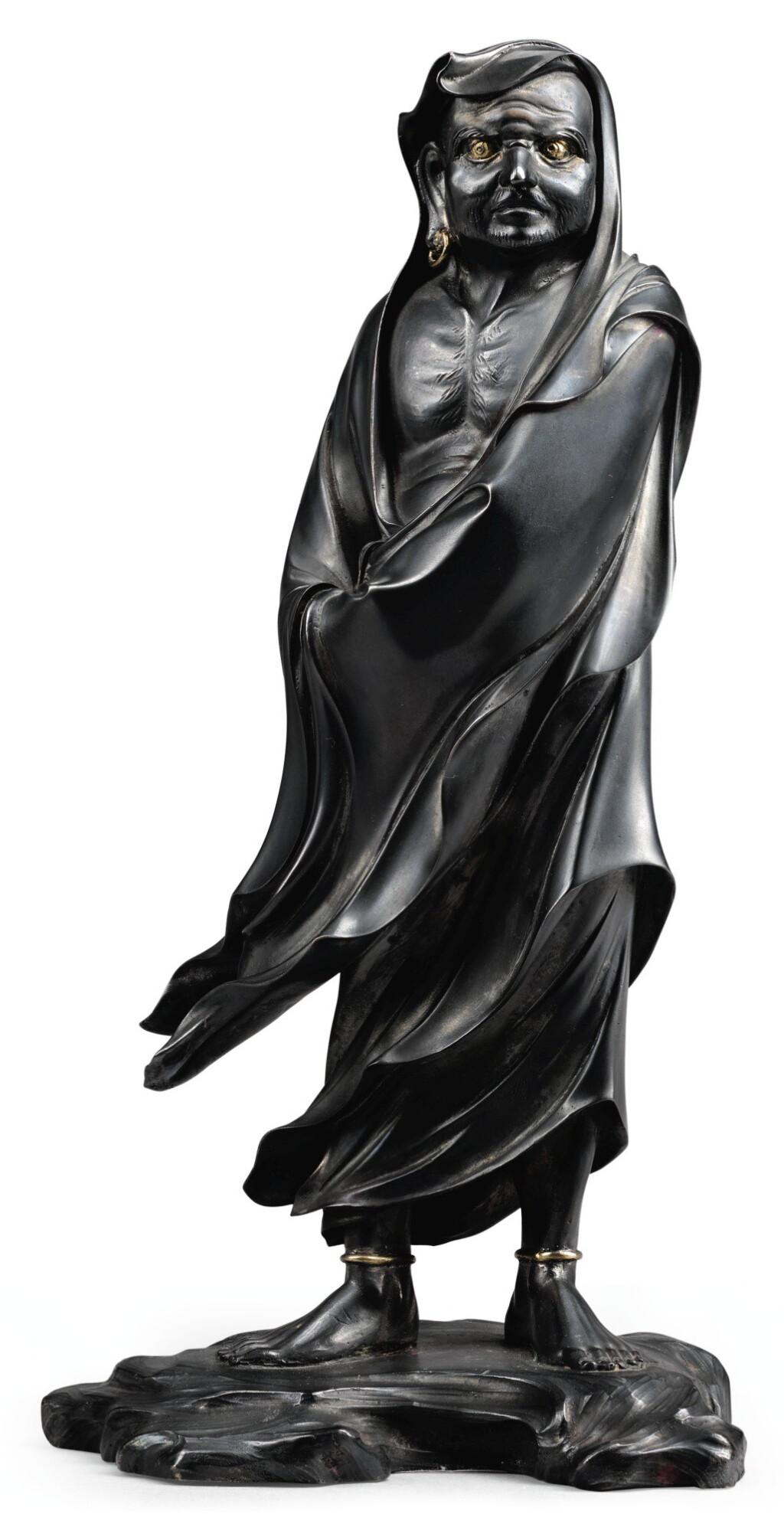 View full screen - View 1 of Lot 137. A FINE SILVERED BRONZE FIGURE OF DARUMA, SIGNED MIYABE ZO, MEIJI PERIOD, LATE 19TH CENTURY.