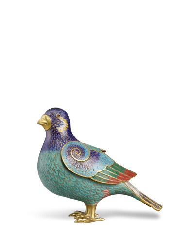 View full screen - View 1 of Lot 9857. A cloisonné enamel 'quail' incense burner, Qing dynasty, 18th century | 清十八世紀 掐絲琺瑯鵪鶉式香爐.