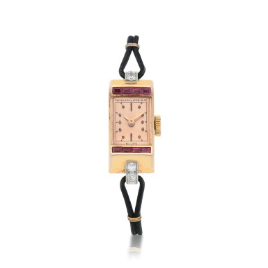 View full screen - View 1 of Lot 497. Pink gold, ruby and diamond-set watch Circa 1942 | 百達翡麗 粉紅金鑲紅寶石及鑽石腕錶,年份約1942.