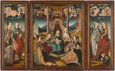 View full screen - View 1 of Lot 1. A triptych: The Virgin and Child enthroned, surrounded by female saints and angels.