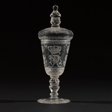 View full screen - View 1 of Lot 89. A Prussian cut and engraved Royal goblet and cover, circa 1710, Postdam, engraved in Berlin.