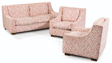 View full screen - View 1 of Lot 187. A SOFA AND A PAIR OF ARMCHAIRS, MODERN | CANAPÉ CONFORTABLE ET PAIRE DE FAUTEUILS AU MODÈLE, TRAVAIL MODERNE.