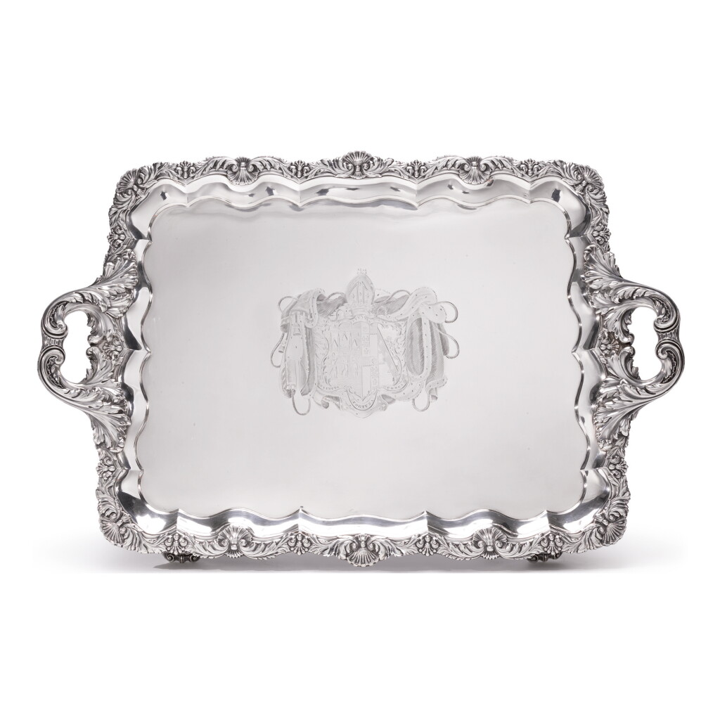 View full screen - View 1 of Lot 139. A GEORGE IV SILVER LARGE TWO-HANDLED TRAY OF IRISH INTEREST, JOHN BRIDGE, LONDON, 1825.