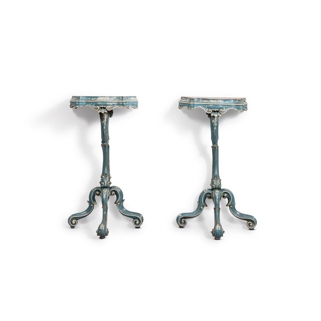 View full screen - View 1 of Lot 54. A pair of Italian blue and white lacquered wood console tables, Venice, mid-18th century.