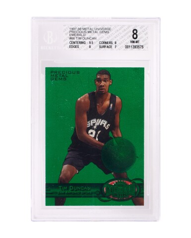 View full screen - View 1 of Lot 3. 1997-98 Metal Universe Precious Metal Gems PMG Green #66 Tim Duncan - BGS 8 | Rookie Card.