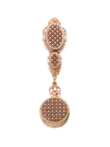View full screen - View 1 of Lot 77. SWISS | A GOLD SEED PEARL AND ENAMEL OPEN FACED WATCH WITH ASSOCIATED CHATELAINE CIRCA 1910.