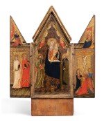 Triptych: Madonna and Child with Saints Andrew and Anthony Abbott; Angel Gabriel, above Saints Catherine of Alexandria (?) and Lucy; Madonna Annunciate, above the Crucifixion with the Madonna and Saints Mary Magdalene and John the Evangelist a triptych