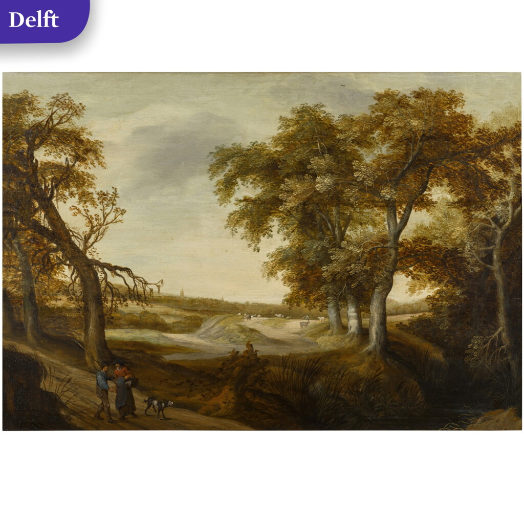 View full screen - View 1 of Lot 44. Extensive wooded landscape with peasants on a road.