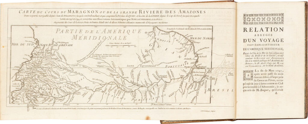 View full screen - View 1 of Lot 222. Relation abrégée d'un voyage fait dans l'intérieur de l'Amérique méridionale... Paris, 1745. In-8. Reliure aux armes La Rochefoucauld. Édition originale relatant la première descente scientifique de l’Amazone. .