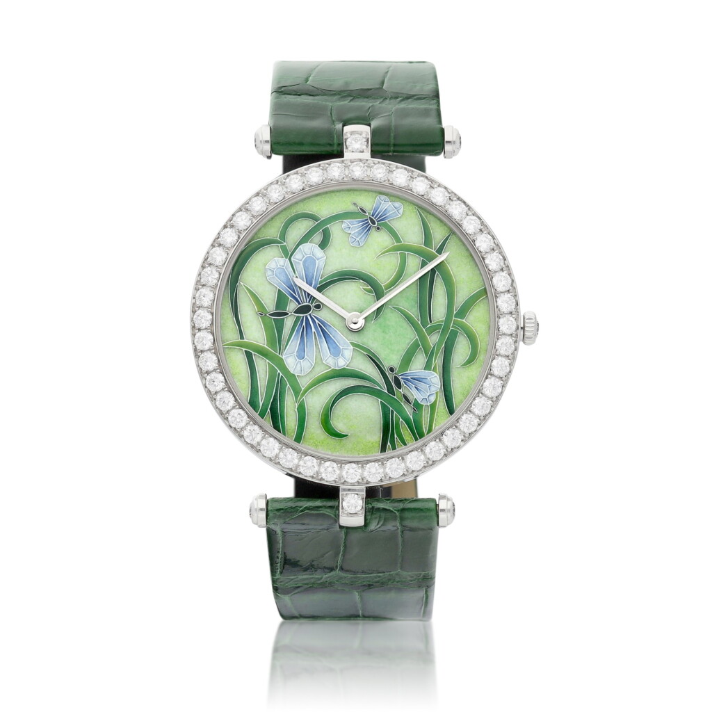 View full screen - View 1 of Lot 2236. A unique white gold and diamond-set wristwatch with polychrome enamel dial painted by Dominque Baron, Circa 2015 | 梵克雅寶 | 獨一無二白金鑲鑽石腕錶,備多彩琺瑯錶盤由Dominque Baron繪製,約2015年製 .