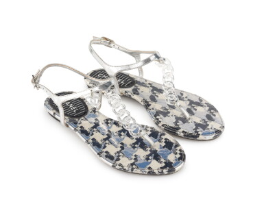 View full screen - View 1 of Lot 84. CHANEL | SILVER LEATHER AND PVC FLATS .