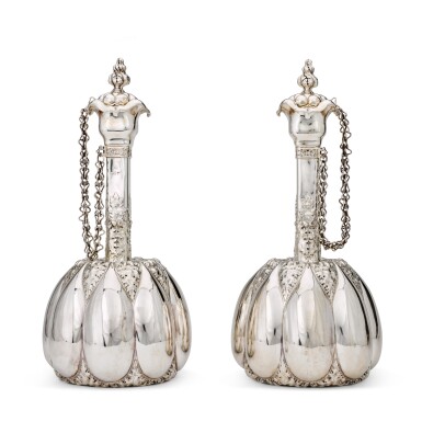 View full screen - View 1 of Lot 80. A pair of Victorian silver pilgrim flasks, George Fox, London, 1863.