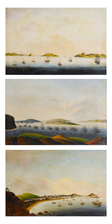 View full screen - View 1 of Lot 180. Trois vues de Hong Kong, Macao et de la rivière des perles Ecole Chinoise, Canton, milieu du XIXE siècle | 清十九世紀中期 香港、 澳門 及 珠江風景圖 一組三幀 | Chinese School, oil on canvas, Canton, three views of Hong Kong, Macau and the Pearl river, mid 19th century.