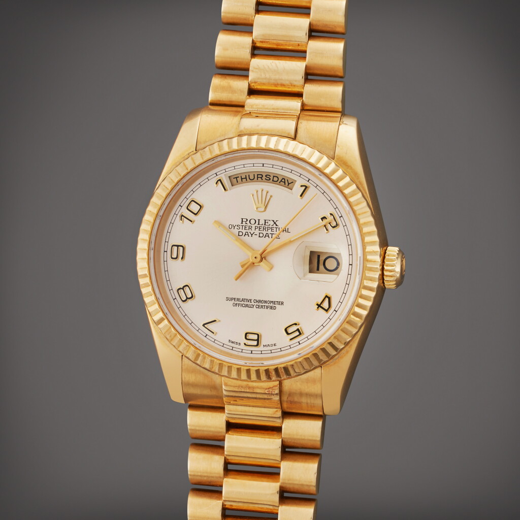 View full screen - View 1 of Lot 322. Reference 118238 Day-Date | A yellow gold automatic wristwatch with day, date, and bracelet, Circa 2001.