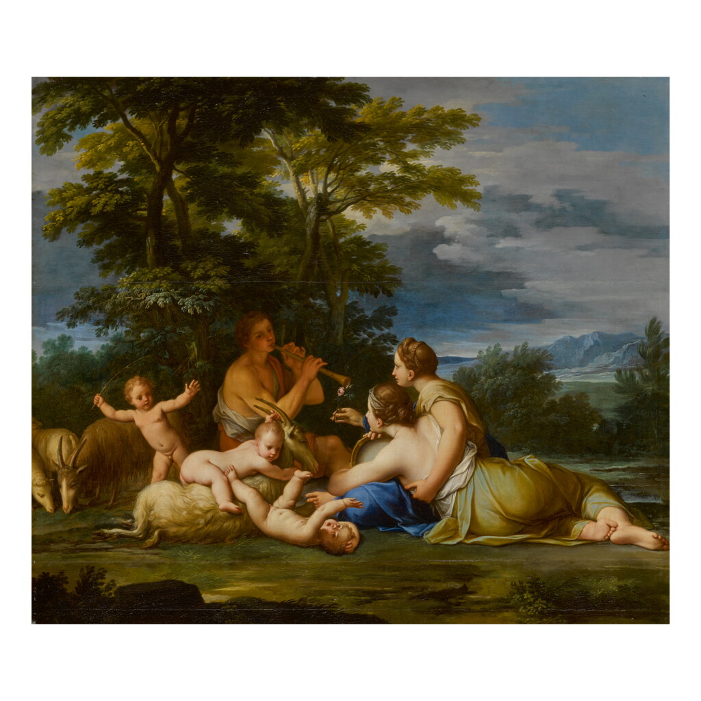 View full screen - View 1 of Lot 167. MARCANTONIO FRANCESCHINI | GOATHERD PLAYING HIS PIPE WITH THREE BOYS PLAYING AND TWO GIRLS LISTENING.