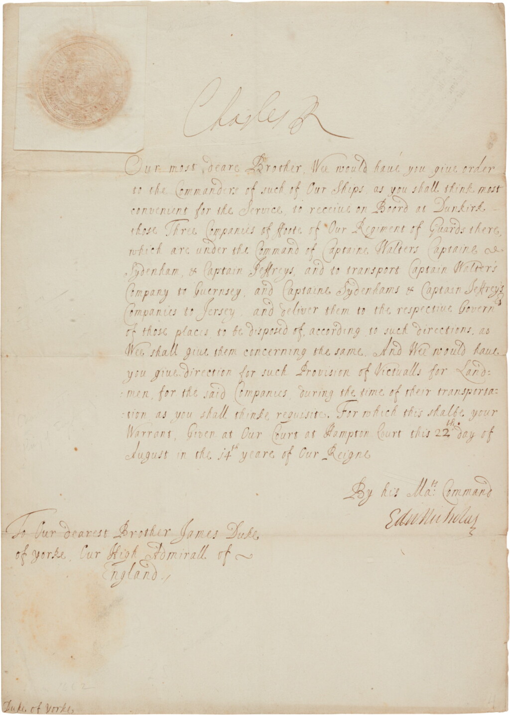 View full screen - View 1 of Lot 20. King Charles II | Letter signed, to the Duke of York, on removing troops from Dunkirk, 22 August 1662.