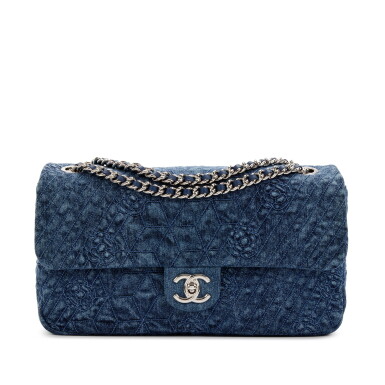 View full screen - View 1 of Lot 100. Blue Camellia Embroidered Quilted Denim Flap Bag Silver Hardware, 2012.