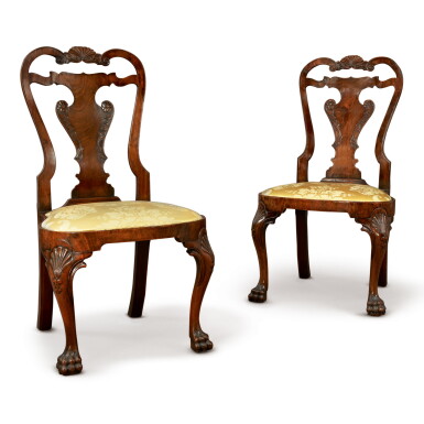 View full screen - View 1 of Lot 506. A PAIR OF GEORGE II WALNUT SIDE CHAIRS, CIRCA 1740.