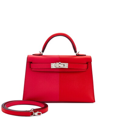 View full screen - View 1 of Lot 6176. Limited Edition Rose Extreme and Rouge de Coeur Epsom and Bleu Zanzibar Casaque Mini Kelly II 20 Palladium Hardware, 2020.