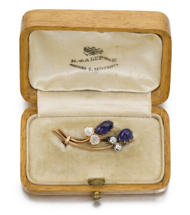 View full screen - View 1 of Lot 65. A Fabergé gold-mounted diamond and sapphire brooch, workmaster Oscar Phil, St Petersburg, circa 1890.