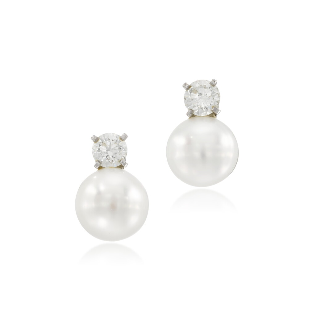 View full screen - View 1 of Lot 55. Cultured Pearl and Diamond Earrings.