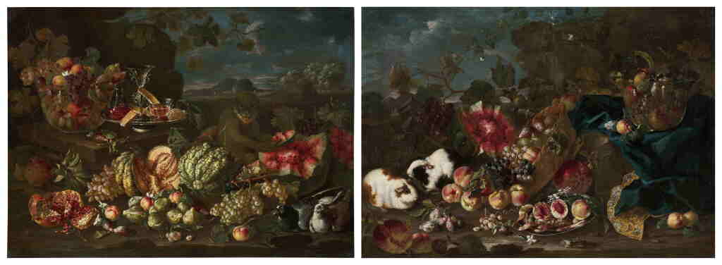View full screen - View 1 of Lot 26. Still life with a glass bowl of fruit, a silver salver with biscuits and façon de Venise glassware, pomegranates, figs, melons and other fruit on a stone ledge in a landscape with a monkey and two doves; Still life with a glass bowl and a wicker basked of fruit, a silver salver with peaches, and other fruit in a landscape with two guinea pigs and a Corinthian capital in a landscape.