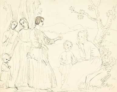 View full screen - View 1 of Lot 104. AUGUSTUS JOHN, R.A. | WOMAN AND CHILDREN AMONG TREES; YOUNG CHILD IN A HEADSCARF.