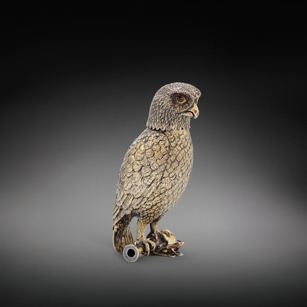 View full screen - View 1 of Lot 137. A silver-gilt owl, probably by Jan de Naghel III Ghent, circa 1560 | Chouette en vermeil, probablement par Jan de Naghel III Gand, vers 1560.