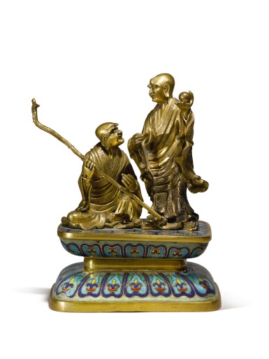 View full screen - View 1 of Lot 584. A gilt-bronze 'Luohan' group on a cloisonné stand, 19th / 20th century.