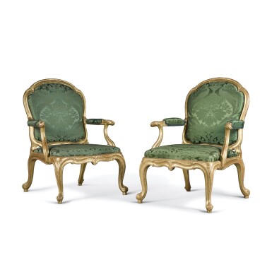 View full screen - View 1 of Lot 14. A pair of George III giltwood armchairs, circa 1770, possibly by John Linnell.