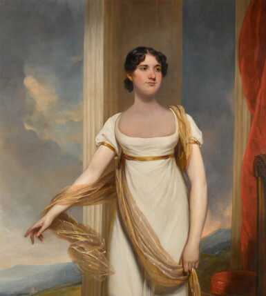 View full screen - View 1 of Lot 105. Portrait of a lady, three-quarter-length, in a white dress with a gold shawl, a landscape in the distance.