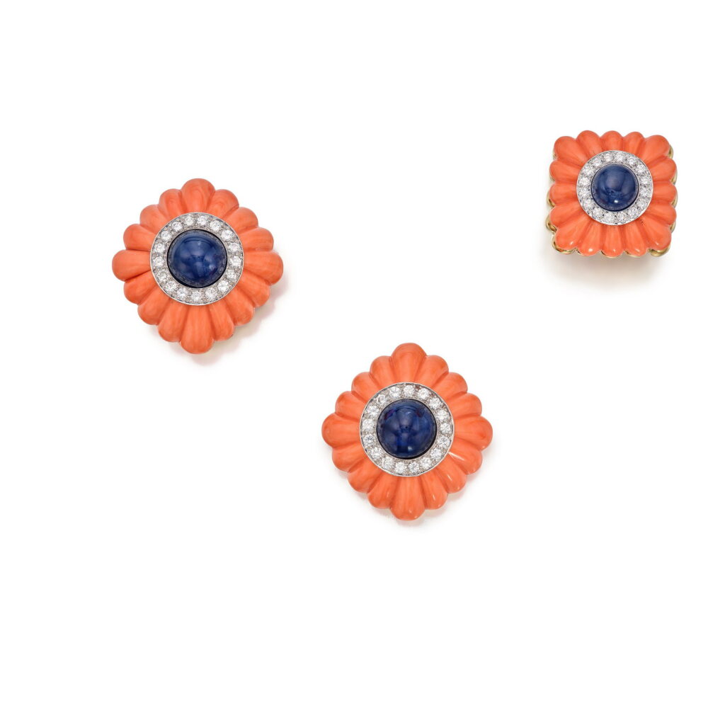 View full screen - View 1 of Lot 163. Coral, Sapphire and Diamond Ring and Pair of Earclips.