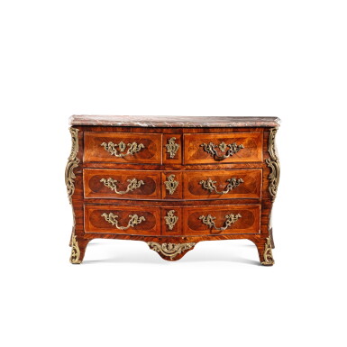 View full screen - View 1 of Lot 65. A Louis XV varnished-bronze mounted tulipwood and kingwood marquetry commode tombeau, circa 1740-1750 .