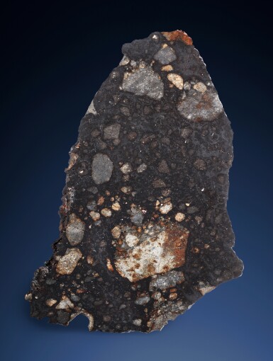 View full screen - View 1 of Lot 124. NWA 12520 — Complete Slice Of Impact Melt Breccia Meteorite.