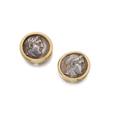 View full screen - View 1 of Lot 470. Pair of Gold and Antique Coin 'Monete' Earclips.