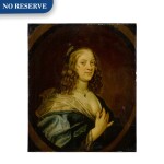 Portrait of a lady, half-length, wearing a pearl necklace with a heart pendant, in a painted oval