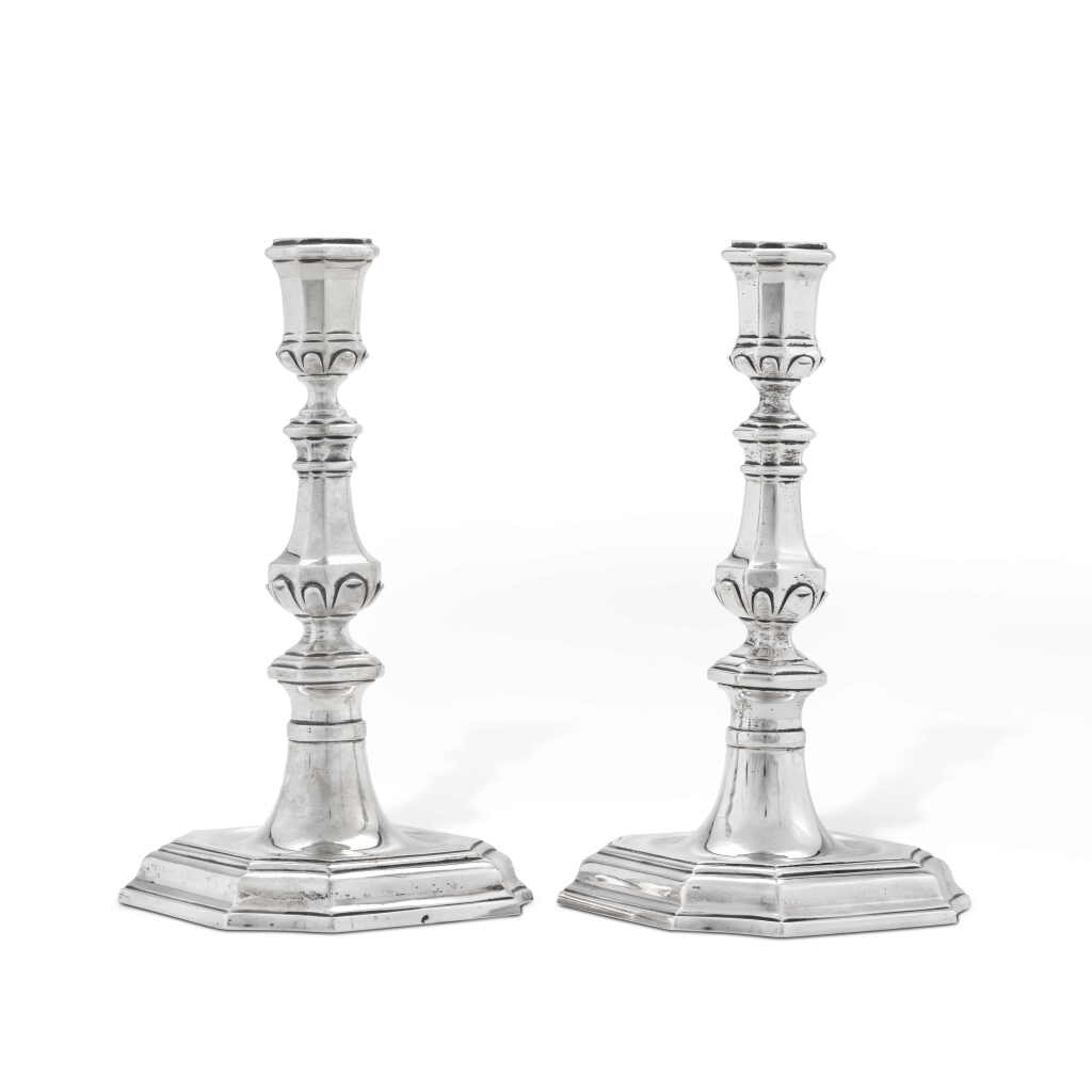 View full screen - View 1 of Lot 185. A pair of Dutch silver candlesticks, Johannes Logerat I, Den Haag, 1736.
