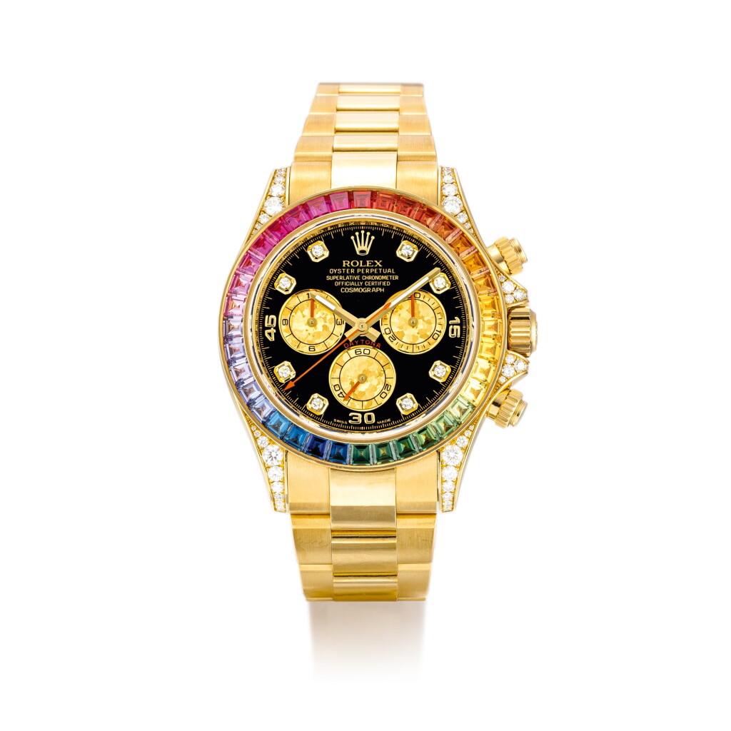 View full screen - View 1 of Lot 2121. ROLEX | COSMOGRAPH 'RAINBOW' DAYTONA, REFERENCE 116598RBOW, A YELLOW GOLD, DIAMOND AND MULTI-COLOURED SAPPHIRE-SET CHRONOGRAPH WRISTWATCH WITH BRACELET, CIRCA 2013 | 勞力士 | "Cosmograph ""Rainbow"" Daytona 型號116598RBOW 黃金鑲鑽石及寶石計時鏈帶腕錶,錶殼編號5C379106,約2013年製".