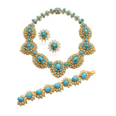 View full screen - View 1 of Lot 510. Turquoise and diamond parure, circa 1965.