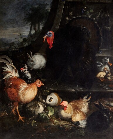 View full screen - View 1 of Lot 82. Chickens, Ducks, Rabbits, a Guinea Pig, and a Turkey in a Landscape.