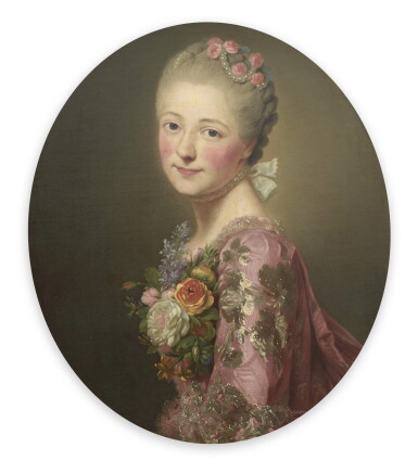 View full screen - View 1 of Lot 63. Portrait of a lady, half length, her blond hair up, adorned with flowers and pearls, her head turned towards the spectator, wearing a pink silk dress embroidered with flowers and adorned with a flower corsage.