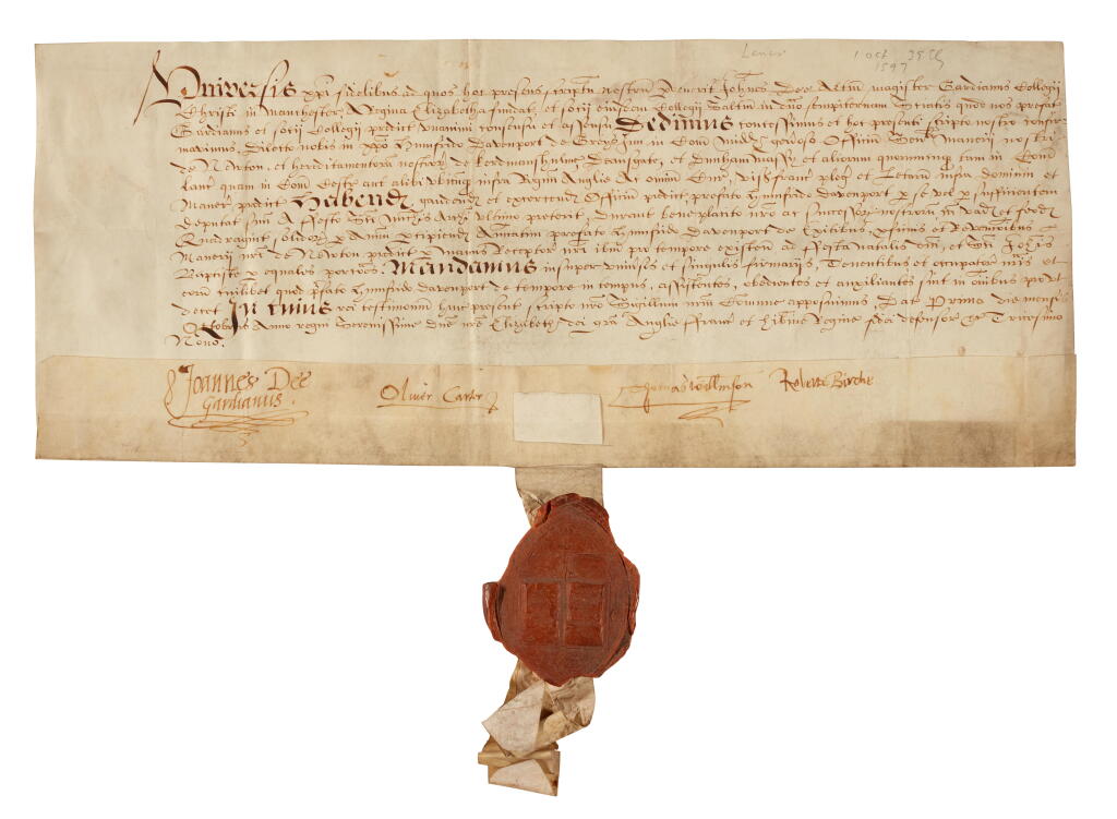 View full screen - View 1 of Lot 7. John Dee | Document signed (“Joannes Dee Gardianus”) as Warden of Christ's College, Manchester, 1597.