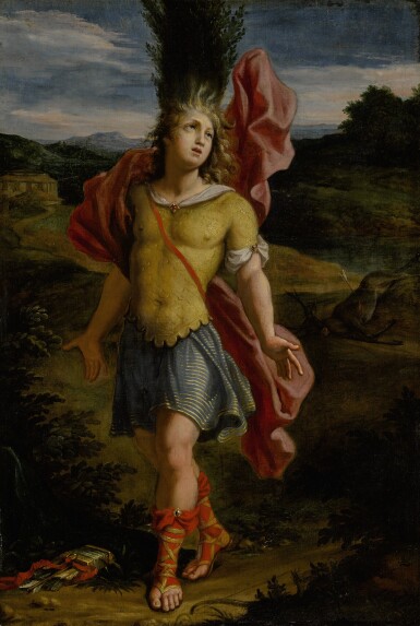 View full screen - View 1 of Lot 230. ROMAN SCHOOL, 17TH CENTURY | CYPARISSUS TURNING INTO A CYPRUS TREE, WITH HIS SLAIN STAG BEYOND.