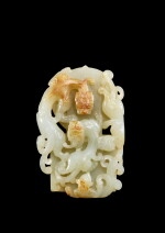 A white and russet jade archaistic 'chilong and tiger' paper weight, guibi, Qing dynasty, Qianlong period | 清乾隆 白玉螭龍夔虎天地乾坤圭璧鎮
