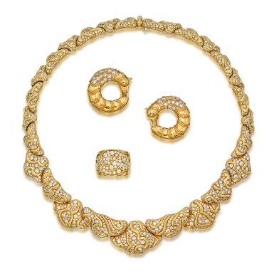 View full screen - View 1 of Lot 118. Gold and Diamond 'Kun' Necklace and 'Onda' Ring and Pair of Earclips.