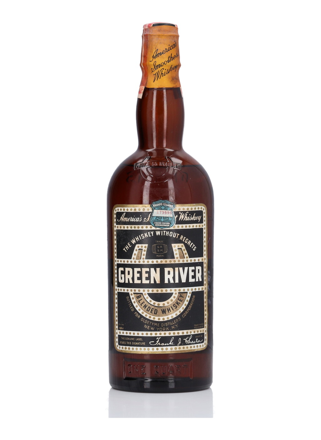View full screen - View 1 of Lot 125. Green River Blended Whiskey 86 Proof NV (1 Bottle Quart).
