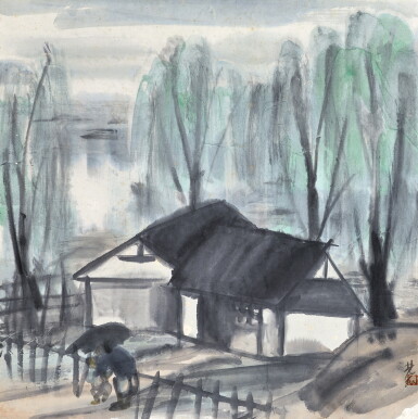 View full screen - View 1 of Lot 3028. 林風眠 柳湖春雨伴親歸 | Lin Fengmian, Mother and Son.
