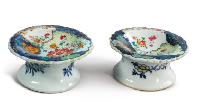 View full screen - View 1 of Lot 1910. TWO CHINESE EXPORT 'TOBACCO LEAF' PATTERN SALT CELLARS, QING DYNASTY, QIANLONG PERIOD, CIRCA 1785 | 清乾隆 約1785年 粉彩花卉紋鹽盤兩件.