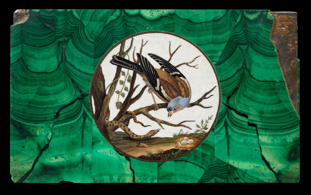 View full screen - View 1 of Lot 140. "Bird, nest and snake"; a micromosaic and malachite panel, Roma late 18th att. G. Raffaelli | "Pinson défendant son nid". Plaque en micromosaïques et placage de malachite, Rome fin du XVIIIème siècle attribuée à Giacomo Raffaelli (1753-1836).