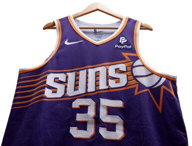 View full screen - View 1 of Lot 5. Kevin Durant Phoenix Suns 2023-2024 Kia NBA Tip-Off Game Worn Away Jersey | Matched to 4 Games.